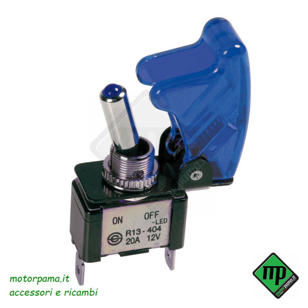 Interruttore a leva con sicura, in alluminio con spia a Led - 12/24V - Blu - 20A