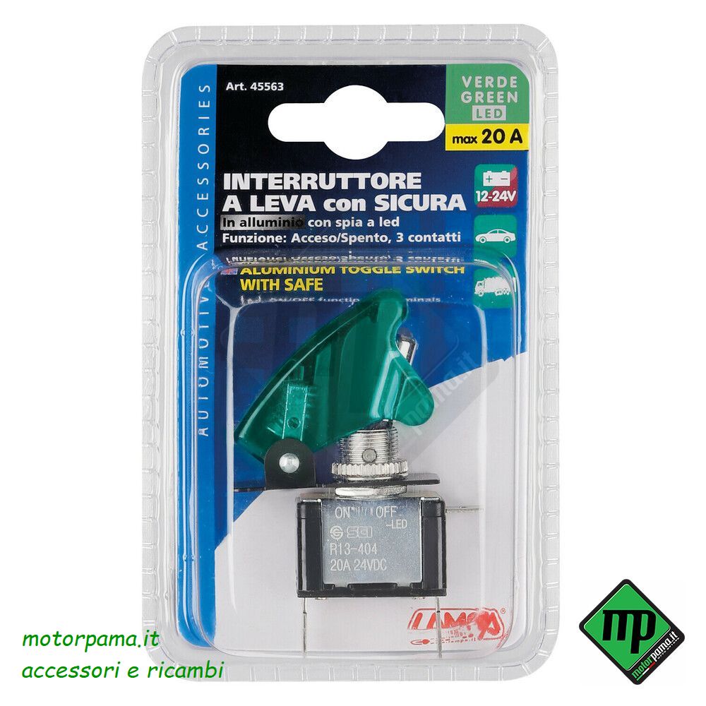 Interruttore a leva con sicura, in alluminio con spia a Led - 12/24V - Verde - 20A - immagine 3
