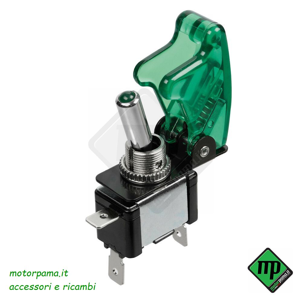 Interruttore a leva con sicura, in alluminio con spia a Led - 12/24V - Verde - 20A